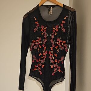 Floral Embroidered Black Bodysuit